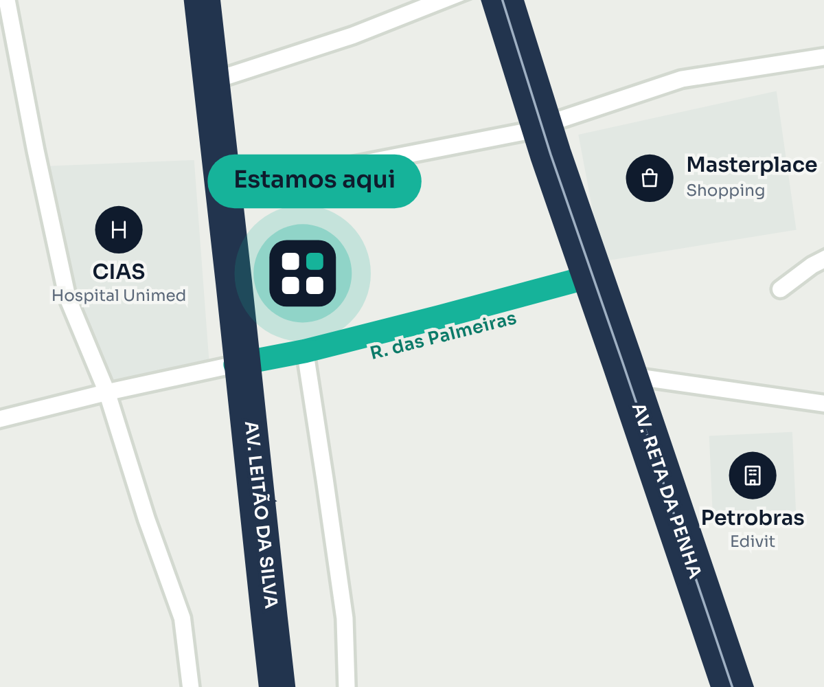 Mapa da região: a DocSpace fica na Rua das Palmeiras, entre a Av. Leitão da Silva e a Av. Reta da Penha, em frente ao CIAS, perto do Masterplace e da Petrobras